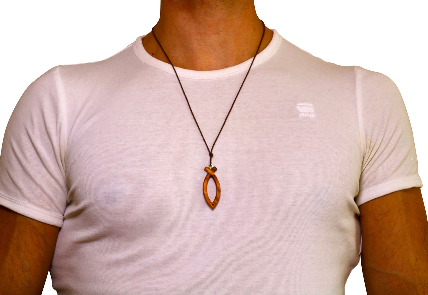 Jesus Fisch Ichthus Olivenholz Symbol Kreuz Halskette handgefertigt in Nazareth für Männer, Frauen, Jungen und Mädchen