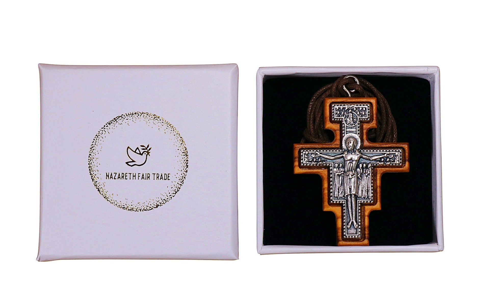 NazarethFairTrade San Damiano Olive Wood Cross Necklace Handmade in Nazareth, Symbolic Jewelry for Men & Women, Embrace Your Christian Faith - NazarethFairTrade