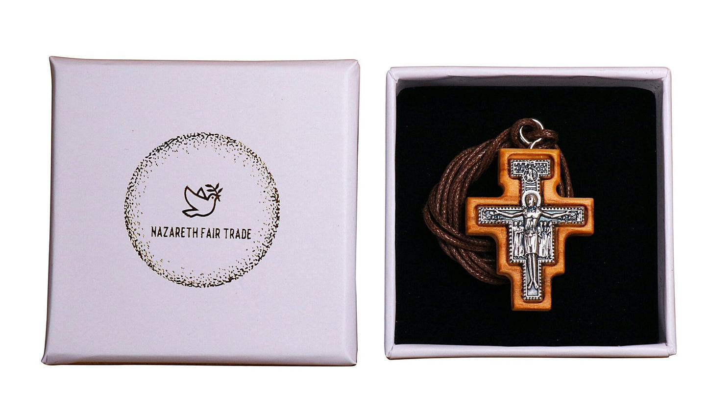 NazarethFairTrade San Damiano Olive Wood Cross Necklace Handmade in Nazareth, Symbolic Jewelry for Men & Women, Embrace Your Christian Faith - NazarethFairTrade