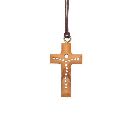 Einzigartige handgefertigte Kreuzkette aus Olivenholz, gefertigt in Nazareth, gravierter Anhänger für Männer, Frauen, Jungen und Mädchen
