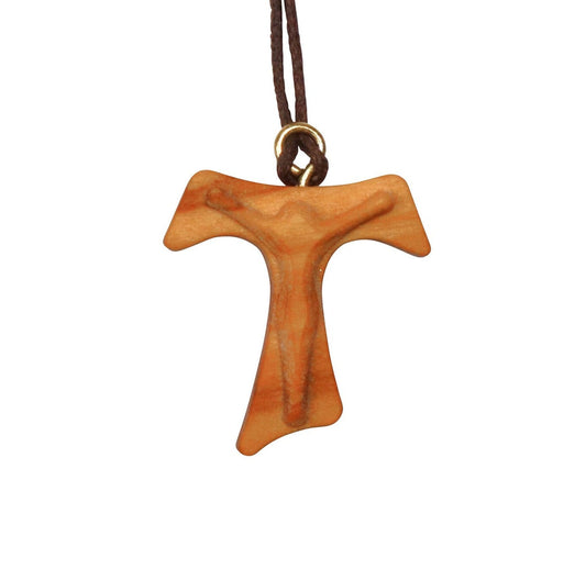 Pendentif croix franciscaine Tau en bois d'olivier Nazareth équitable avec silhouette sacrée de Jésus fait à la main en Terre Sainte - Bijoux religieux